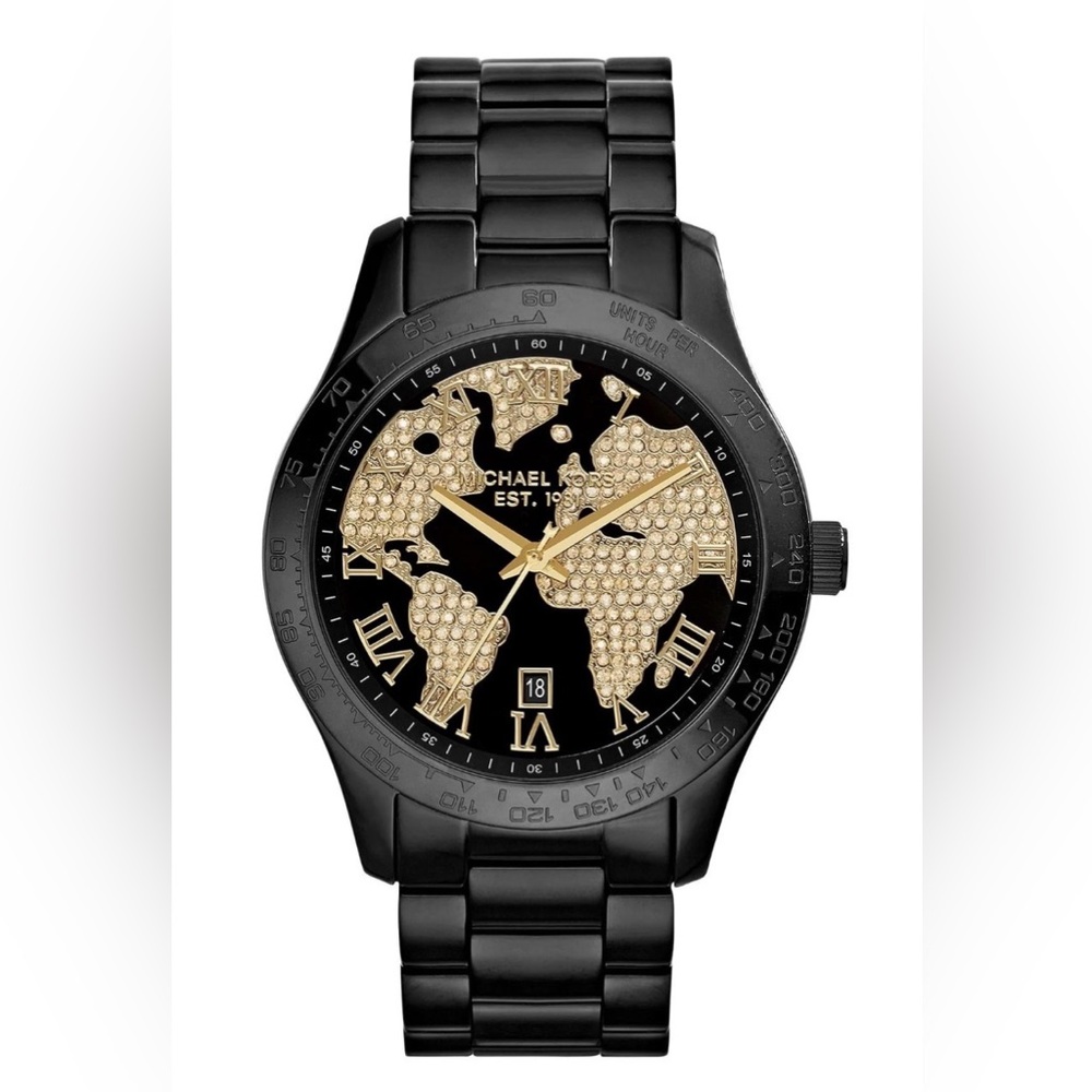 Michael Kors Layton MK6091 Black stainless steel world map Swiss quartz watch